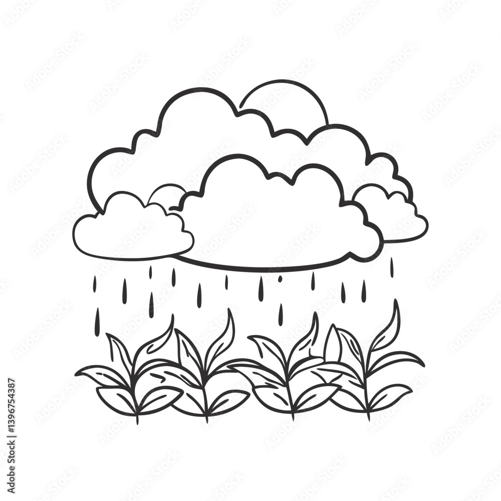 Rain falling on plant sprouts outline illustration