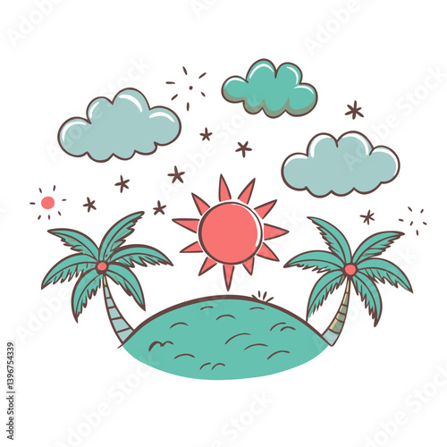 Obraz na płótnie Tropical island with sun, clouds, and palm trees illustration w salonie