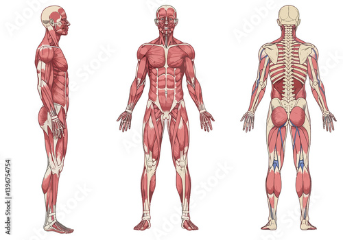 Human Body Parts Illustration. This image shows a detailed anatomical representation of the human body highlighting muscles and organs. Vector art design.