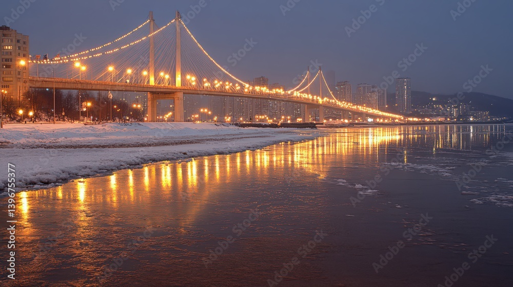 Fototapeta premium Illuminated Bridge Over Icy River at Night in Winter