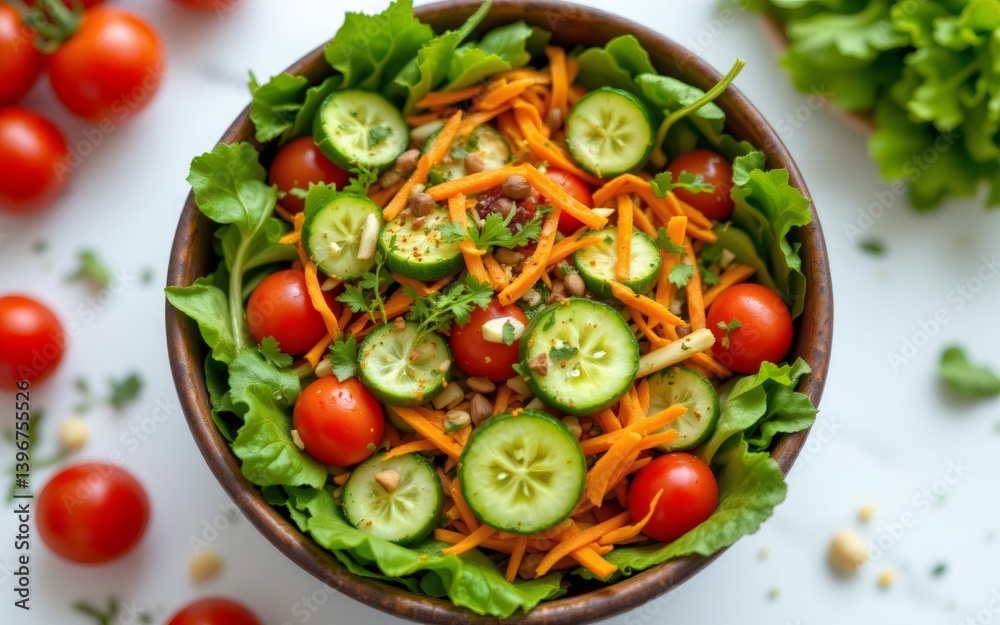 A vibrant mixed salad with cherry tomatoes, cucumbers, carrots, and fresh greens in a wooden bowl A vibrant mixed salad with cherry tomatoes, cucumbers, carrots, and fresh greens in a wooden bowl