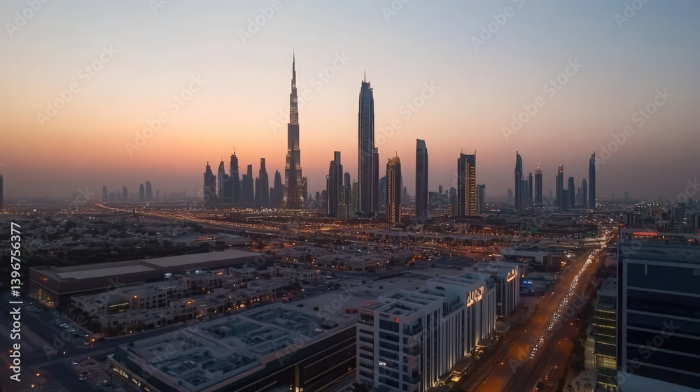 Obraz premium Illuminated City Skyline at Sunset