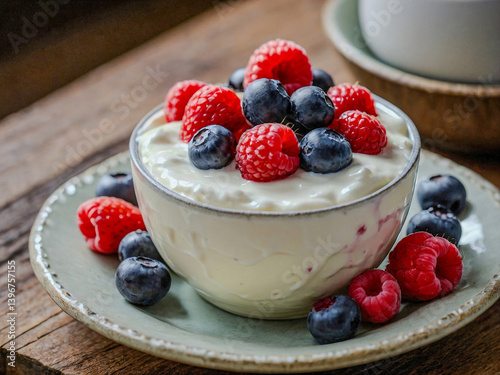 Obraz na płótnie Bowl of creamy yogurt topped with fresh berries. w salonie