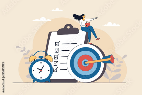Productivity, project management or efficiency to finish work and reach business goal, time management concept, productive business woman working with computer laptop on checklist and alarm clock.