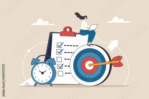 Productivity, project management or efficiency to finish work and reach business goal, time management concept, productive business woman working with computer laptop on checklist and alarm clock.