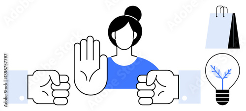Woman raising hand to signify stop amid two fists, shopping bag, and lightbulb icon. Ideal for conflict resolution, assertiveness, empowerment, ethics, decision-making, boundaries innovative
