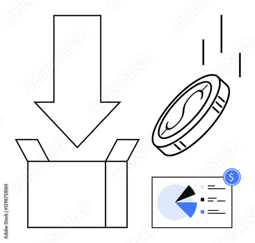 Coin falls into open box with downward arrow, accompanied by financial pie chart. Ideal for finance, investment, savings, income generation, profit growth, crowdfunding financial strategy. Flat