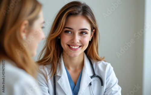 A healthcare professional smiles warmly, engaging in a friendly conversation in a clinical setting