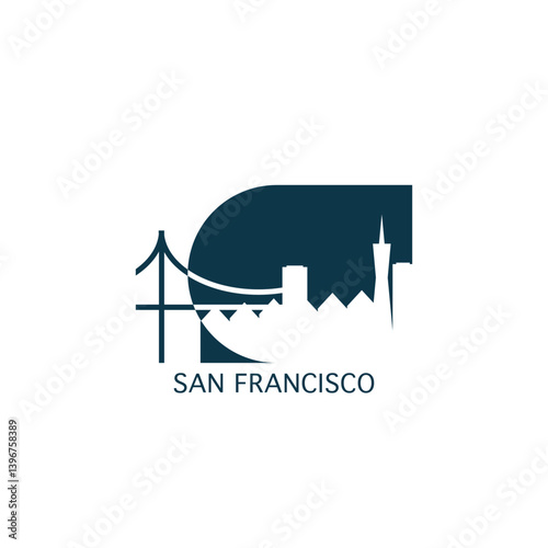 San Francisco vector icon with skyline, panoramic view, city shape. USA, California state landmarks logo concept. Blue flat isolated graphic, badge