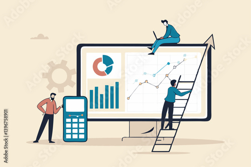 Data analysis, financial dashboard or accounting, corporate revenue or investment profit, tax, budget or marketing strategy concept, business people working with financial dashboard and calculator.