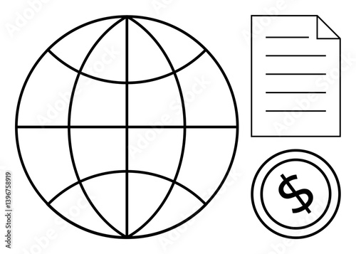 Globe representing global reach next to document symbolizing agreements and coin suggesting finance. Ideal for business, economy, international trade, documentation, globalization, finance