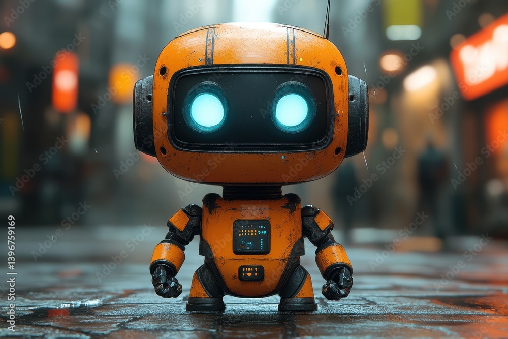 Robot character standing on a rainy street in a bustling futuristic city at night Robot character standing on a rainy street in a bustling futuristic city at night