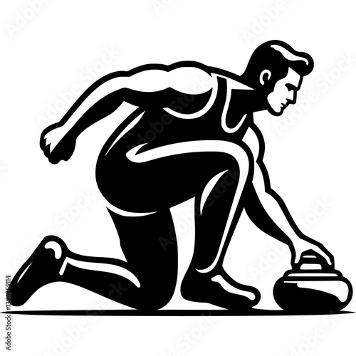 Sport emblem of curler athlete pushes marble stone for playing curling side view in monochrome. Engraving minimalistic vector in black ink drawing on transparent background