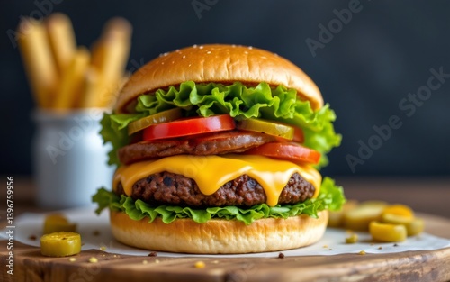 A deliciously stacked burger showcasing fresh ingredients like lettuce, tomatoes, and cheddar cheese