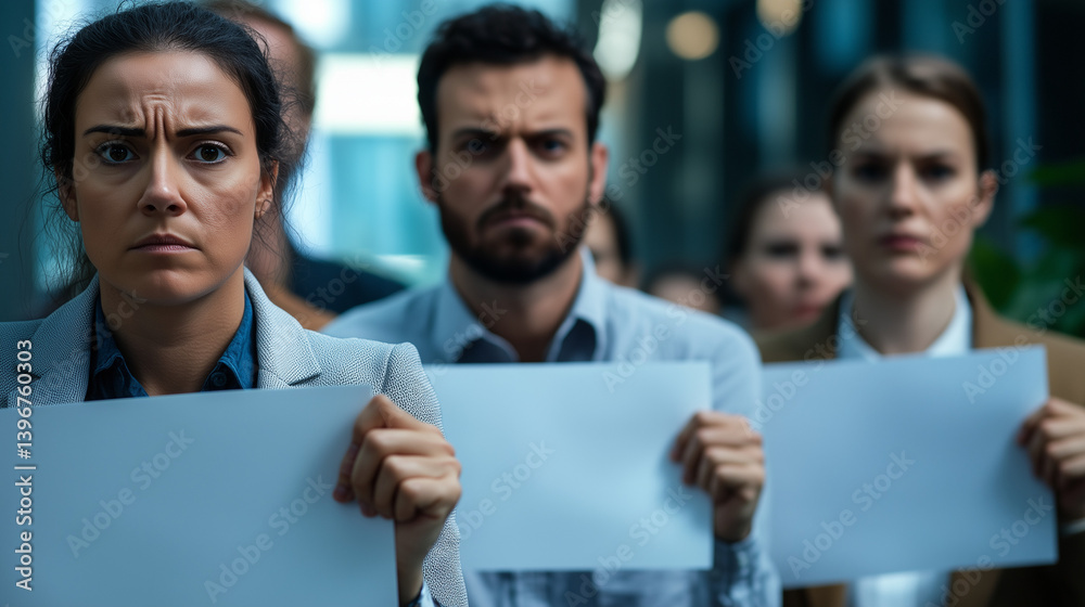 Diverse group of determined employees holding blank protest signs at workplace, advocating for change and unity in corporate environment. Workplace activism and social justice concepts.