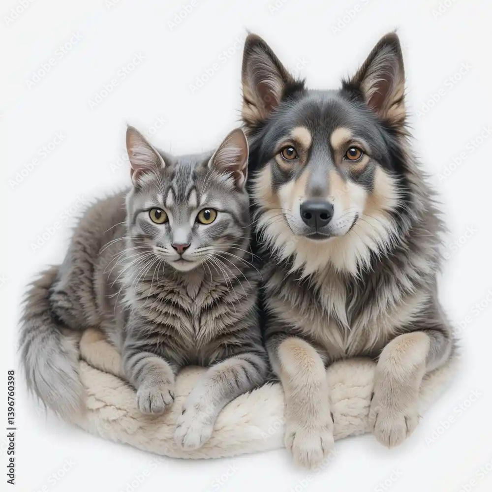 Fototapeta premium gray cat and dog sitting on white isolated