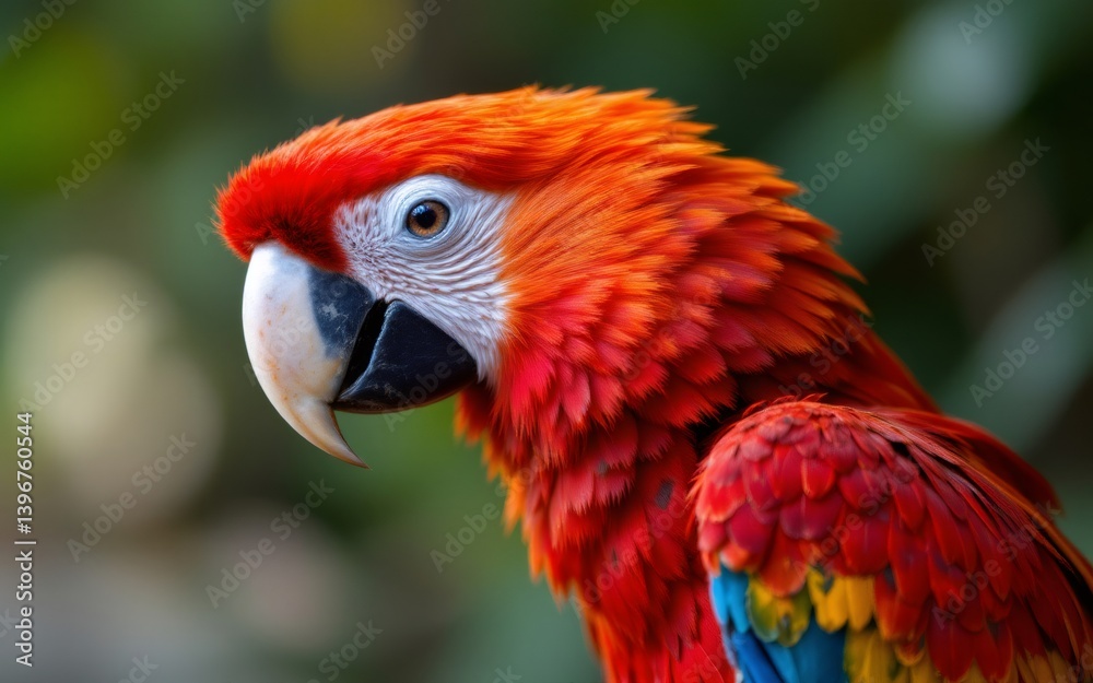 A close-up of a vibrant red macaw displaying intricate feather patterns and striking colors A close-up of a vibrant red macaw displaying intricate feather patterns and striking colors