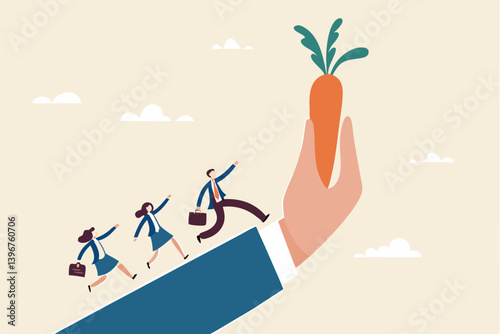 Incentive, reward or bonus to motivate employee on hard working to reach success, company benefit, job promotion or employee program concept, business people run on giant hand to grab carrot stick.