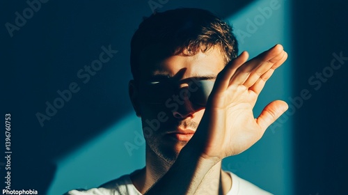 Man with Photophobia Hiding His Face from Intense Light and Pain