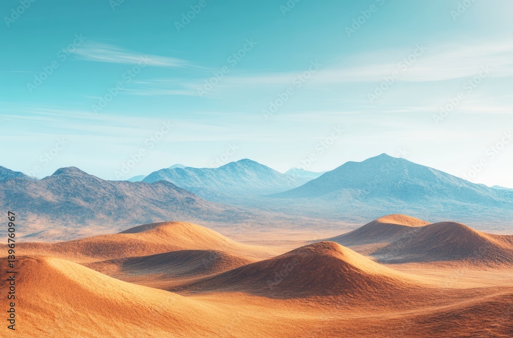 Naklejka premium A vast, sun-drenched desert landscape with rolling dunes and distant mountains.