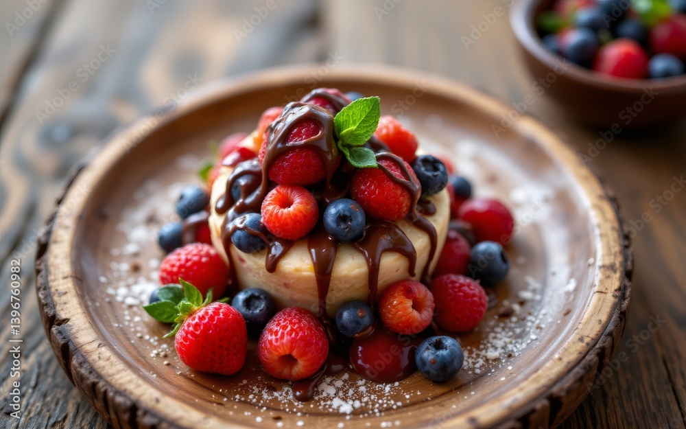 A delectable dessert featuring a creamy base topped with fresh berries and a drizzle of chocolate sauce A delectable dessert featuring a creamy base topped with fresh berries and a drizzle of chocolate sauce