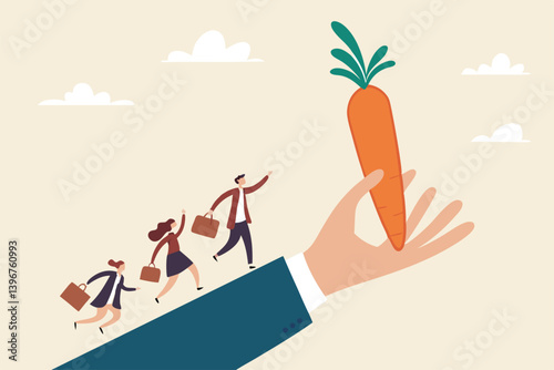 Incentive, reward or bonus to motivate employee on hard working to reach success, company benefit, job promotion or employee program concept, business people run on giant hand to grab carrot stick.