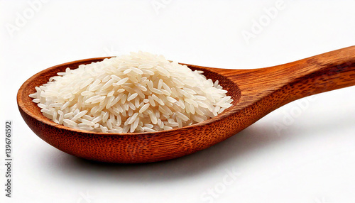 Single wooden spoon filled with uncooked jasmine rice, isolated on a clean white background