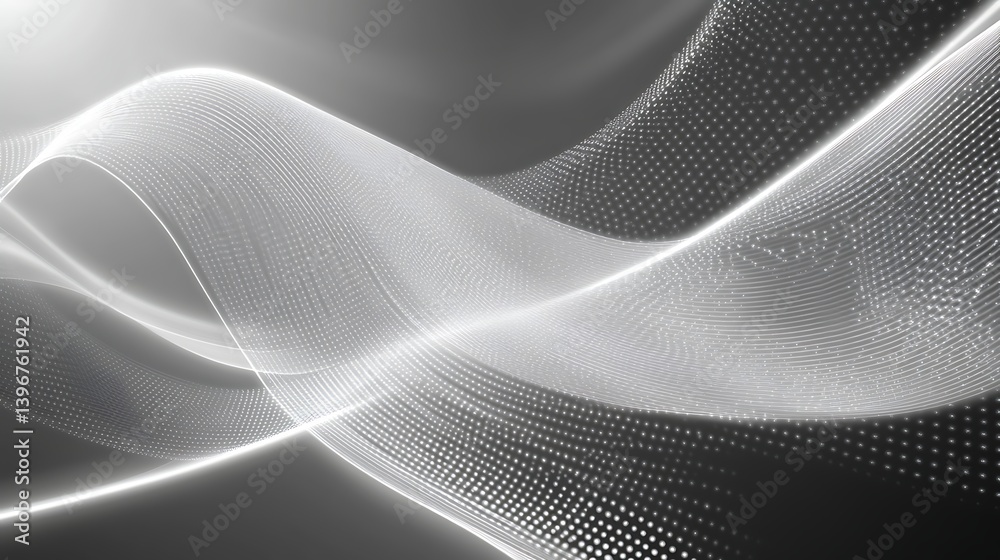 Naklejka premium Abstract black and white waves with light effects and dotted patterns creating a dynamic flow