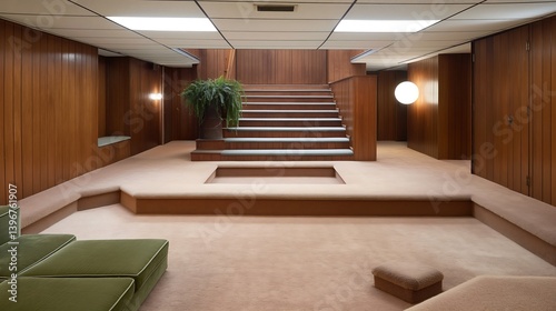 A 1970s retro revival space with shag carpeting, sunken conversation pits, and lava lamp lighting against wood-paneled feature walls