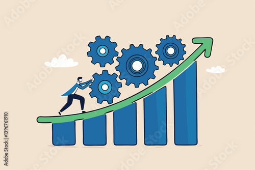 Process improvement, efficiency to increase productivity, management strategy, raising performance, quality or progress concept, businessman pushing cogwheels up on rising improvement graph diagram.