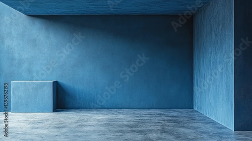 Minimalist blue room with a block, textured walls, concrete floor, and light