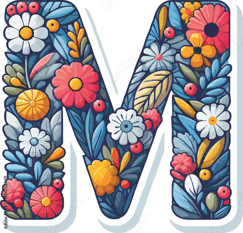 Doodle flower letter M. Floral element of colorful alphabet made from flowers