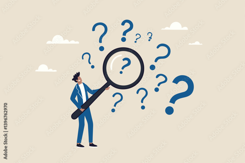 Problem analysis or problem management, analyze or investigate for root cause or incident, finding solution or discover threat or uncertain, businessman with magnifying glass analyze question marks. Problem analysis or problem management, analyze or investigate for root cause or incident, finding solution or discover threat or uncertain, businessman with magnifying glass analyze question marks.