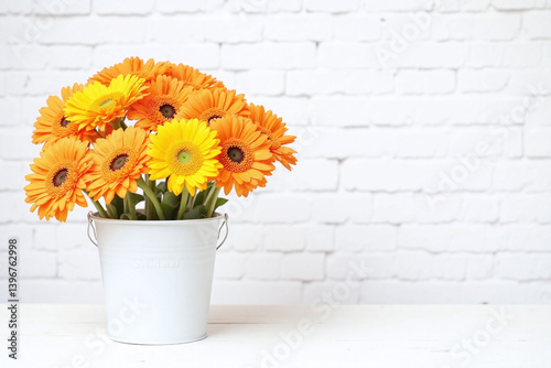 white bucket filled with orange and yellow flowers