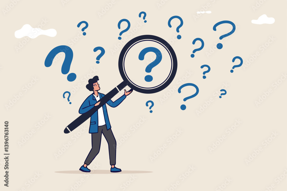 Problem analysis or problem management, analyze or investigate for root cause or incident, finding solution or discover threat or uncertain, businessman with magnifying glass analyze question marks. Problem analysis or problem management, analyze or investigate for root cause or incident, finding solution or discover threat or uncertain, businessman with magnifying glass analyze question marks.