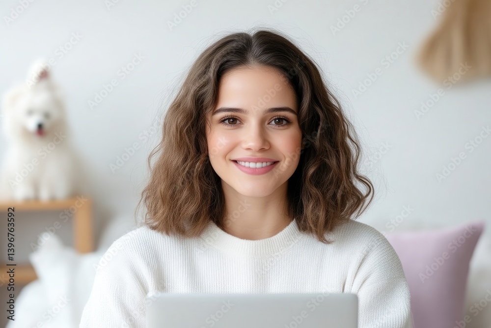 Smiling woman using a tablet in a home setting Smiling woman using a tablet in a home setting