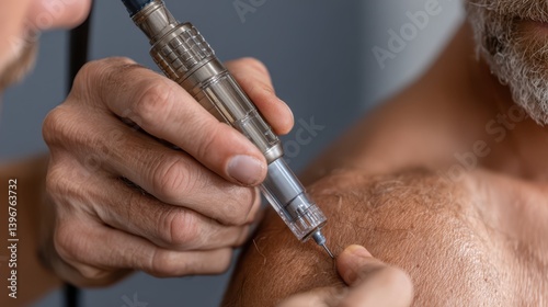 Therapist administering laser therapy to patient's shoulder for muscle recovery and injury treatment
