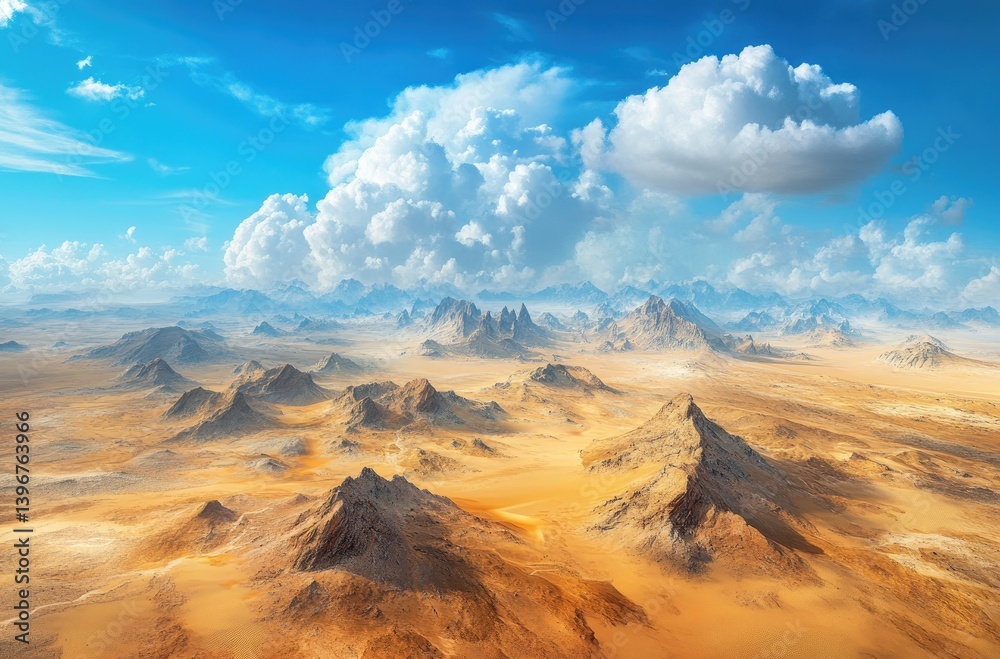 Fototapeta premium A vast, arid desert landscape with towering mountains under a vibrant blue sky.
