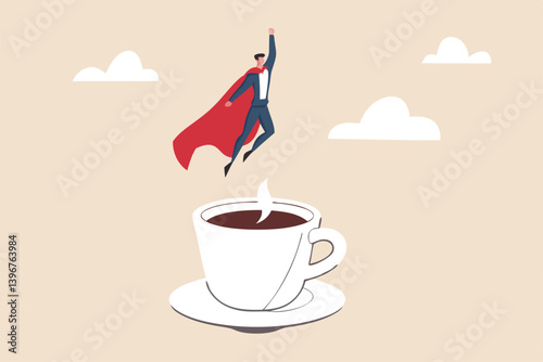 Coffee break to refresh or boost energy, morning routine to help focus and boost productivity, relax or awaken with tea break concept, businessman superhero flying from mug of coffee.