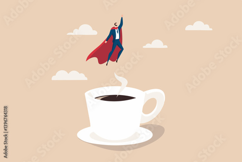 Coffee break to refresh or boost energy, morning routine to help focus and boost productivity, relax or awaken with tea break concept, businessman superhero flying from mug of coffee.