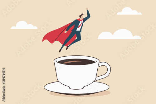 Coffee break to refresh or boost energy, morning routine to help focus and boost productivity, relax or awaken with tea break concept, businessman superhero flying from mug of coffee.