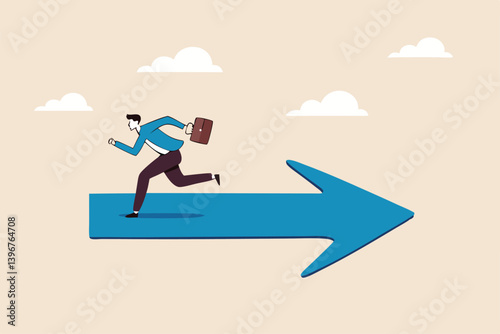 Wrong direction lead to mistake, leadership decision to be difference or opposite, mislead or false to get lost concept, confused businessman running in wrong opposite direction of trend arrow.