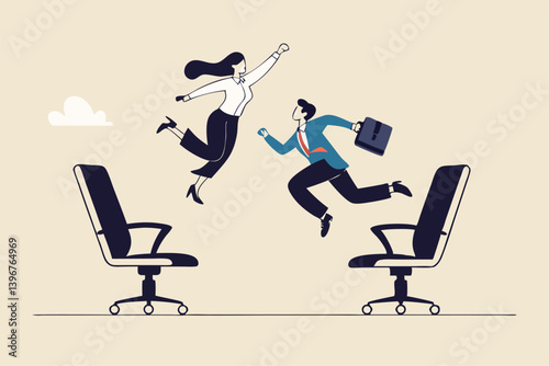 Job rotation or employee switch position for new skill and experience, moving to new responsibility within organization concept, businessman and woman jump on office chair metaphor of job rotation.