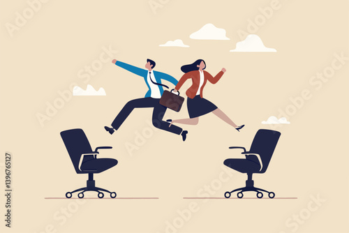 Job rotation or employee switch position for new skill and experience, moving to new responsibility within organization concept, businessman and woman jump on office chair metaphor of job rotation.