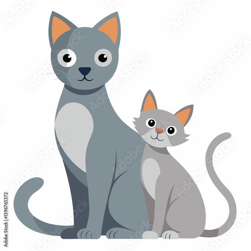 In the serene simplicity of a white background, a majestic cat, adorned with sleek fur and wise eyes, sits in a tender embrace with its young kitten. The cat, a picture of grace and poise, gazes affec