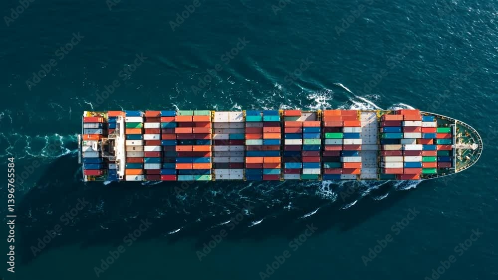 Container ship sails across the open ocean, laden with cargo containers representing global trade