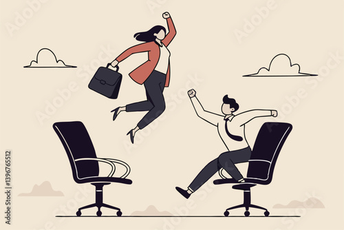 Job rotation or employee switch position for new skill and experience, moving to new responsibility within organization concept, businessman and woman jump on office chair metaphor of job rotation.