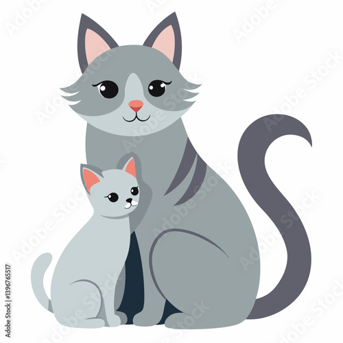In the serene simplicity of a white background, a majestic cat, adorned with sleek fur and wise eyes, sits in a tender embrace with its young kitten. The cat, a picture of grace and poise, gazes affec