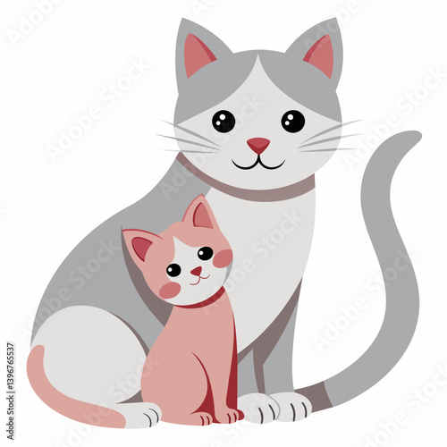 In the serene simplicity of a white background, a majestic cat, adorned with sleek fur and wise eyes, sits in a tender embrace with its young kitten. The cat, a picture of grace and poise, gazes affec