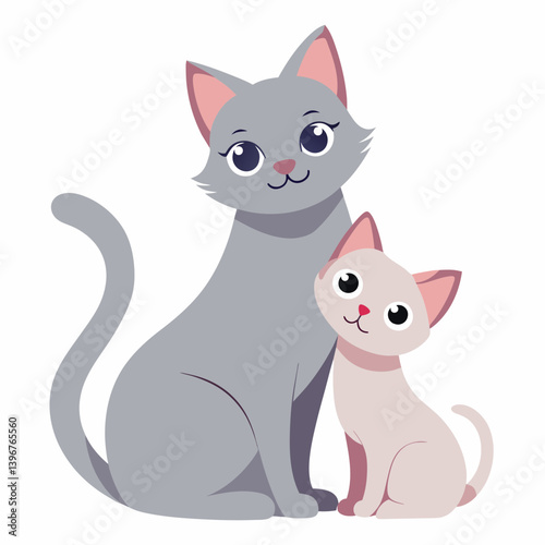 In the serene simplicity of a white background, a majestic cat, adorned with sleek fur and wise eyes, sits in a tender embrace with its young kitten. The cat, a picture of grace and poise, gazes affec